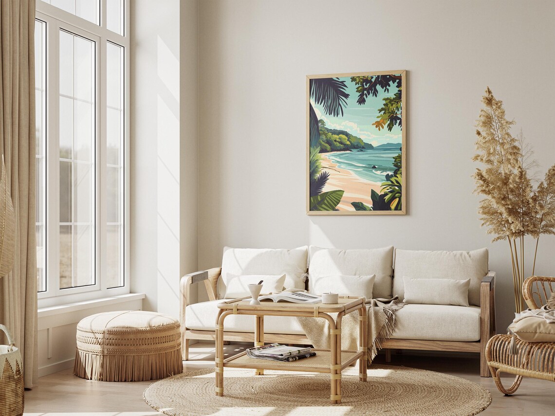 Tropical Island Cove Framed by Palm Leaves Art Poster Tropical - Image 4