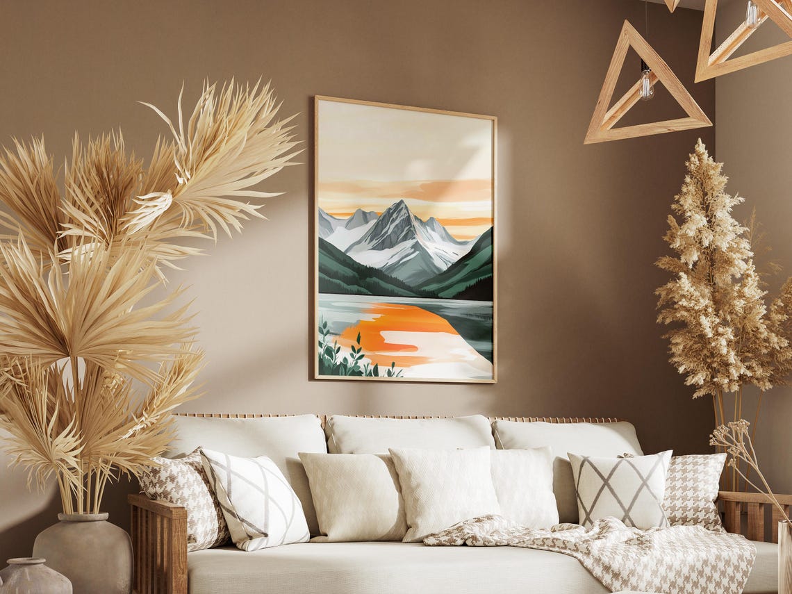 Alpine Lake With Orange Sunset Reflection Snowy Peaks Poster - Image 3