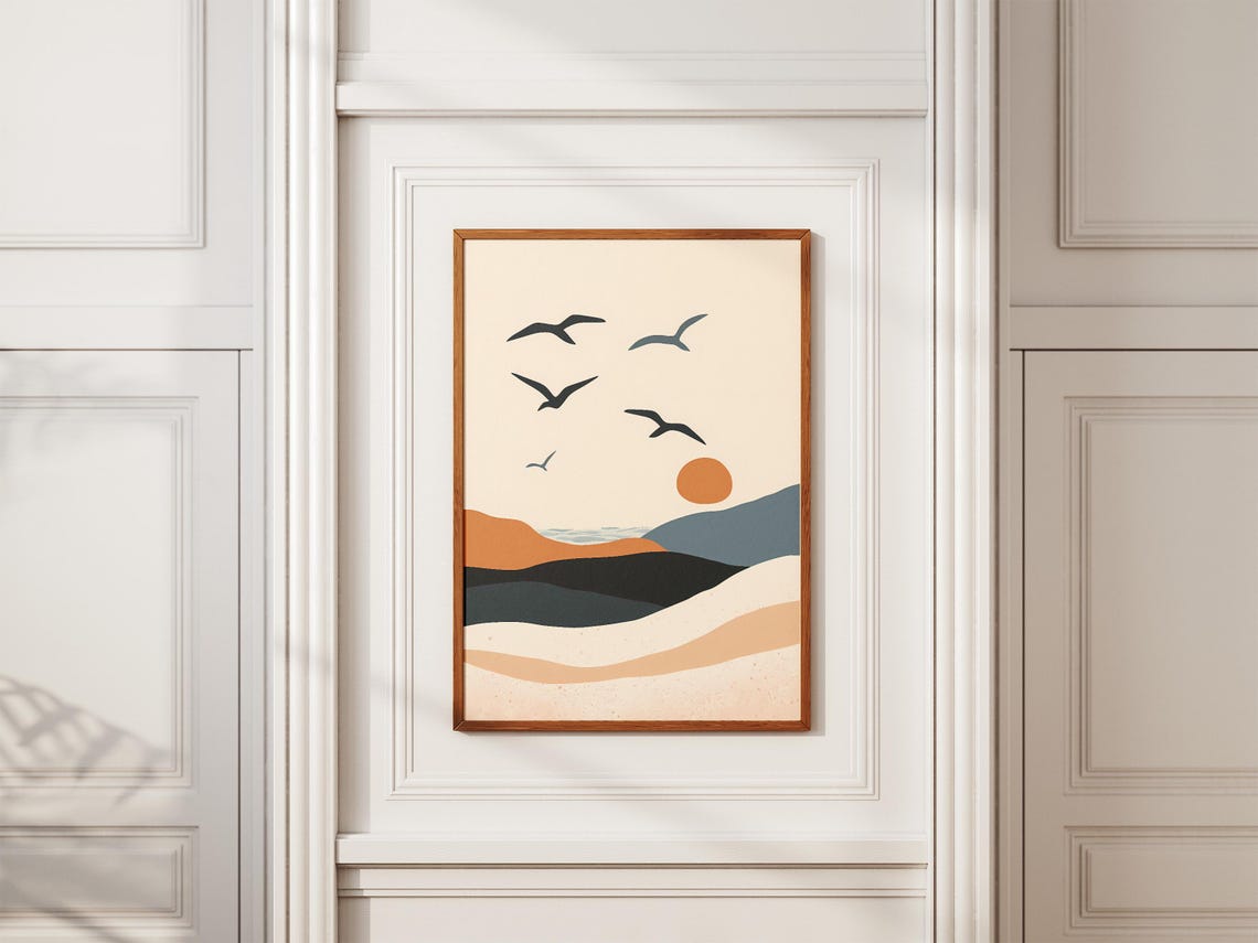 Seagulls over Sunset Dunes Abstract Coastal Landscape Poster - Image 2