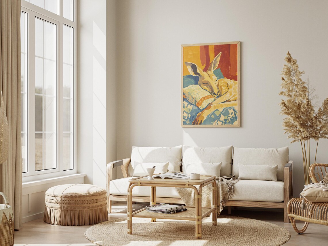 Sleeping Kangaroo Resting on Colorful Pillows in Warm Painterly Art Poster - Image 3