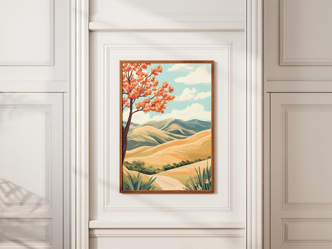 Orange Blossom Tree Over Golden Rolling Hills Landscape Poster - Image 2