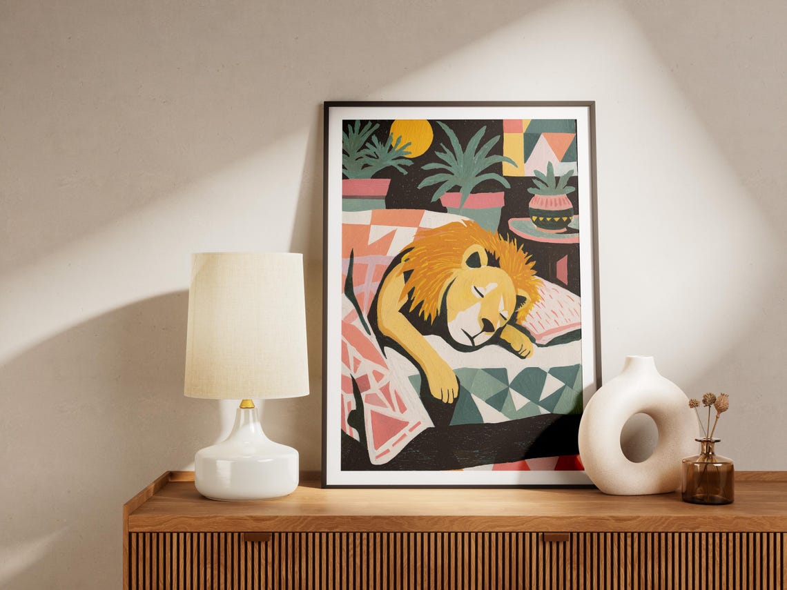 Sleeping Lion Matisse Style Gouache Cozy Patterned Couch Art Poster - Image 4