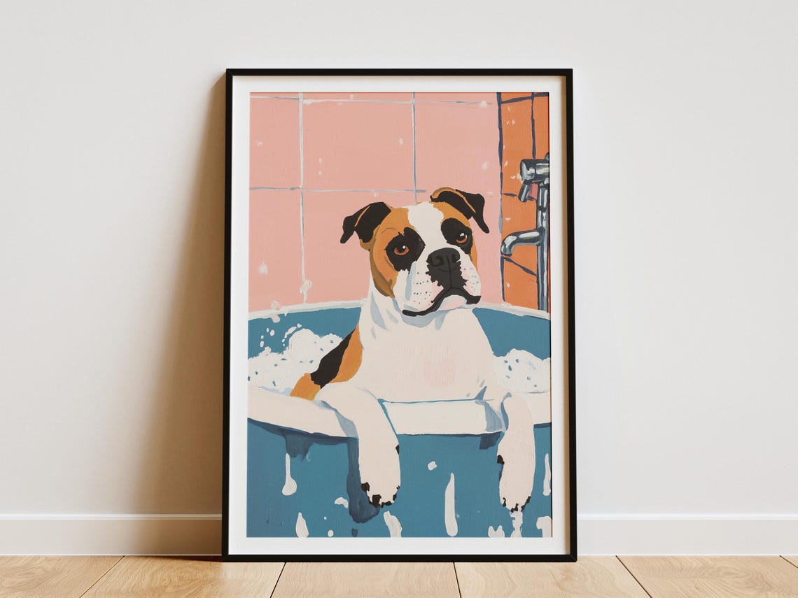 Boxer Dog Soaking in Blue Bathtub Bubble Bath Retro Style Poster