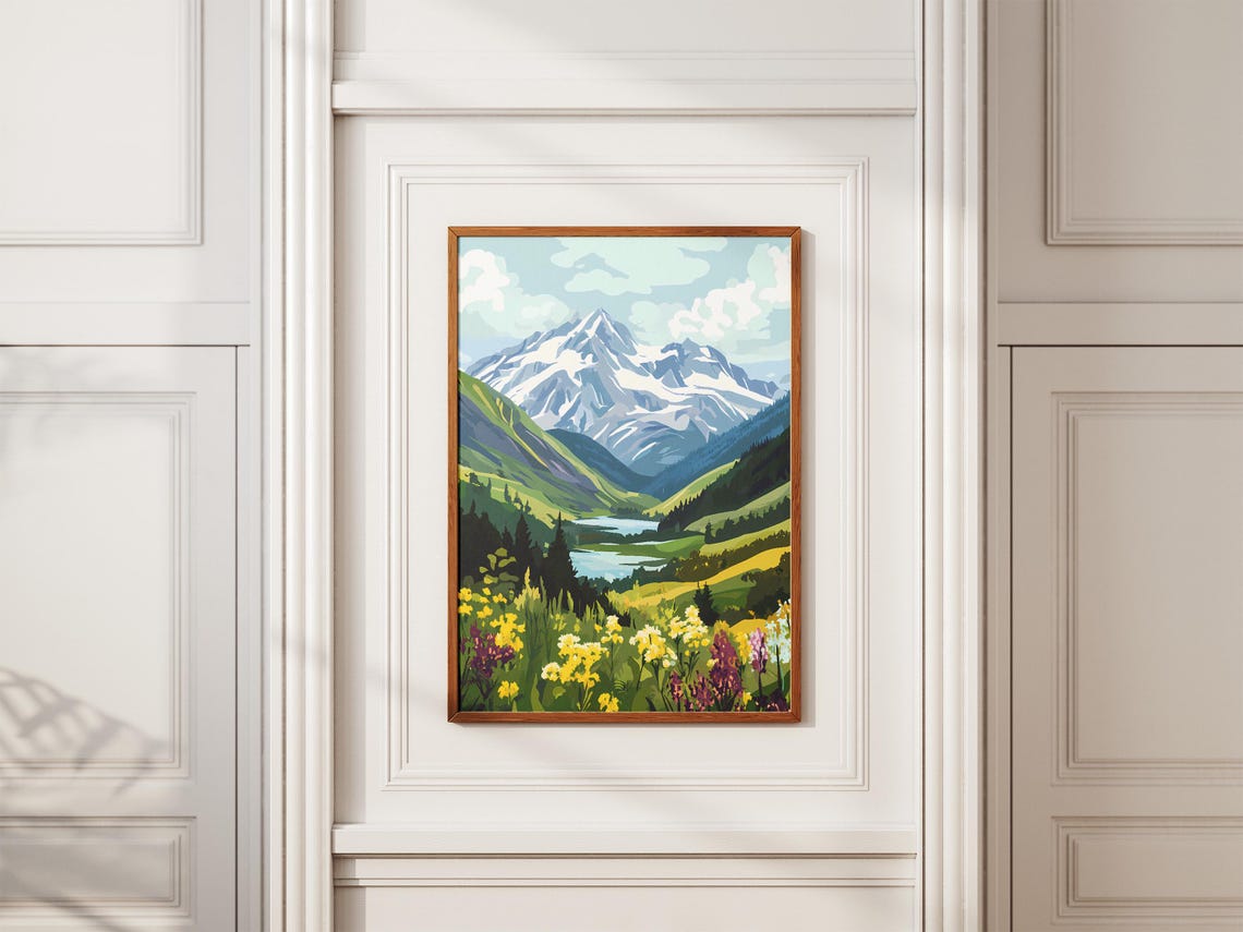 Snowcapped Peak Alpine Meadow Wildflowers Lake Landscape Poster - Image 2