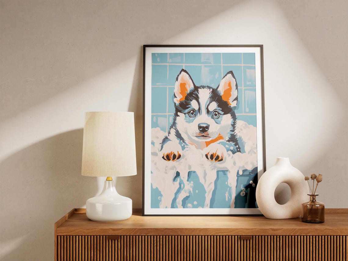 Siberian Husky Puppy Bubble Bath Blue Pop Art Nursery Poster - Image 4