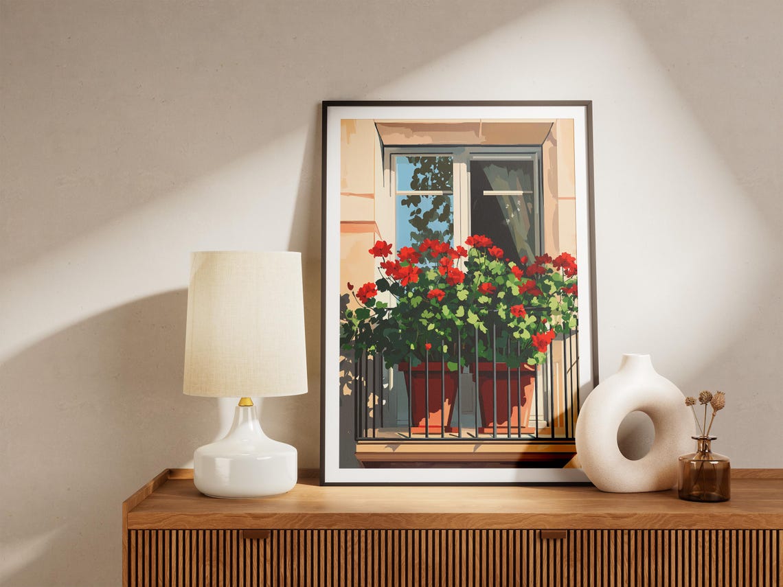 Red Geranium Balcony Pots Sunlit Window Planter Flower Poster - Image 5