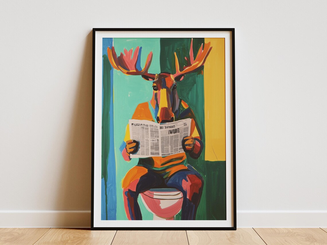 Colorful Moose Reading Newspaper On Toilet Whimsical Bathroom Poster