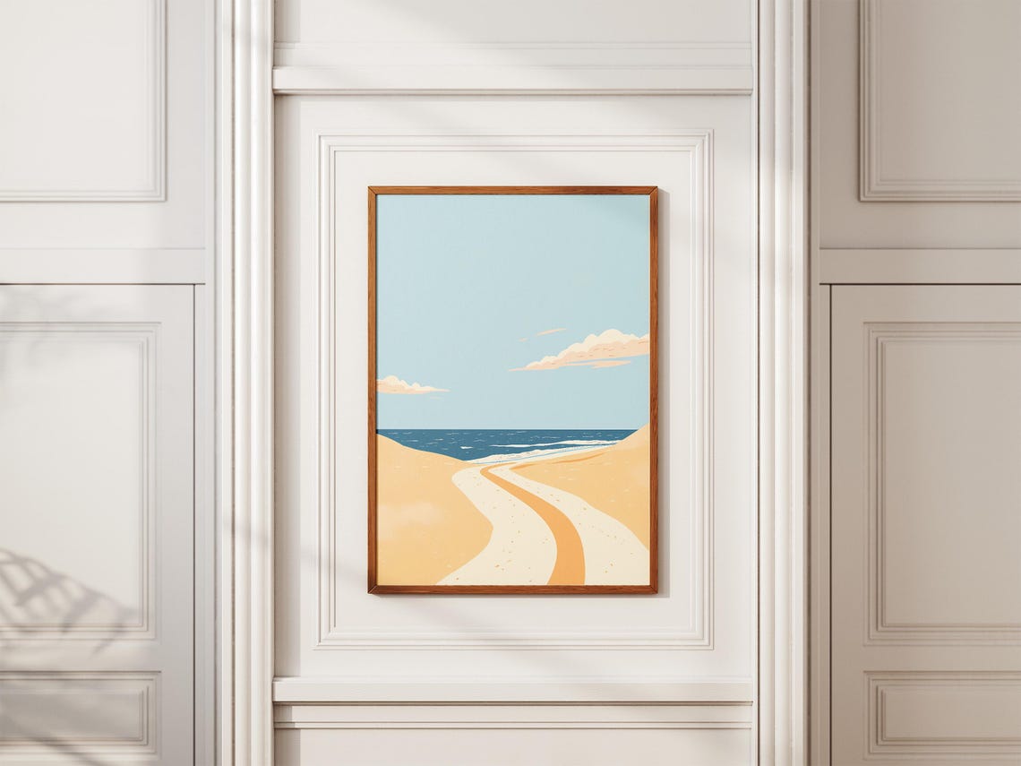 Sandy Path to the Sea Minimalist Beach Poster in Peach and Blue - Image 2