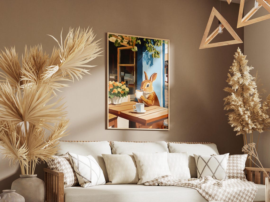 Rabbit Sipping Coffee At A Sunlit Outdoor Cafe Terrace Poster - Image 3