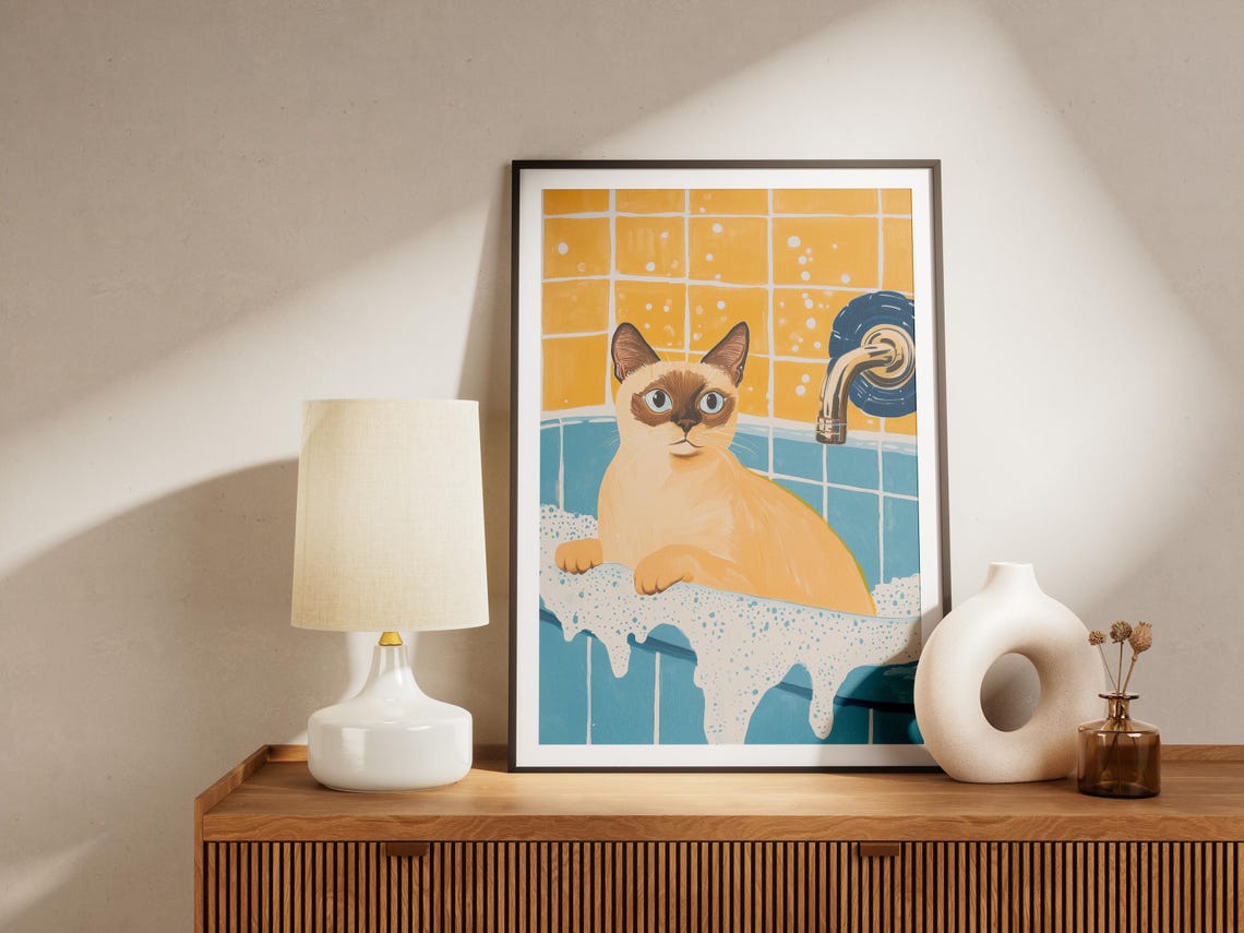 Siamese Cat in Bubbles Bathtub Funny Bathroom Decor Art Poster - Image 4