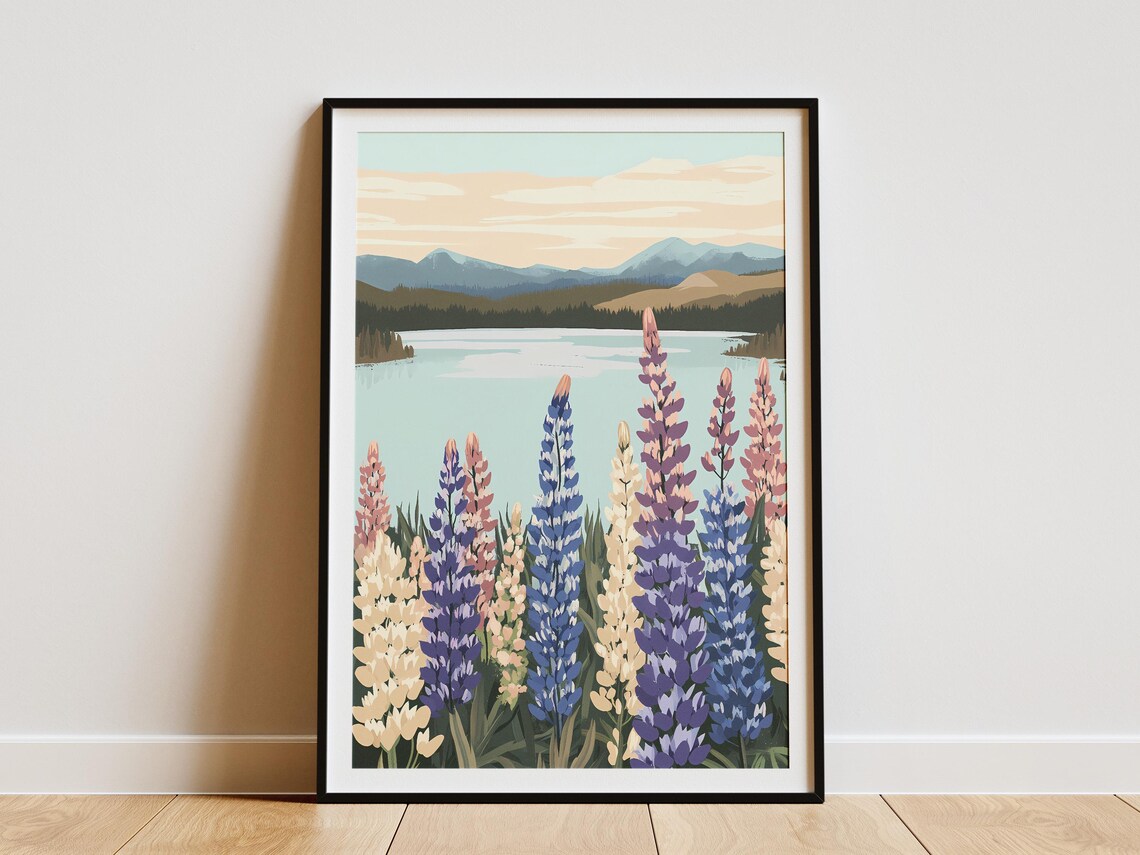 Blue Purple Lupine Flowers by a Calm Mountain Lake Art Poster