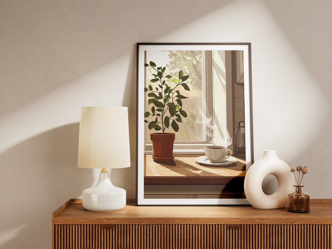 Sunlit Windowsill Ficus And Steaming Coffee Cup Kitchen Poster - Image 5