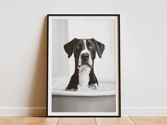Great Dane In Bathtub Poster Dog Wall Art Funny Bathroom Animal Print Pet Lover Gift Modern Home Decor Black And White