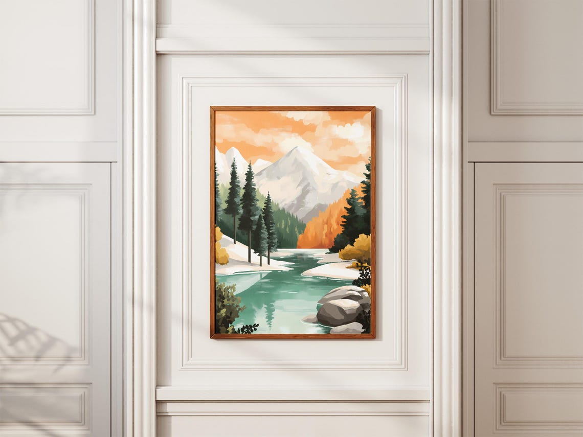 Turquoise Mountain River at Sunset Flowing Below Snowy Peaks Poster - Image 2