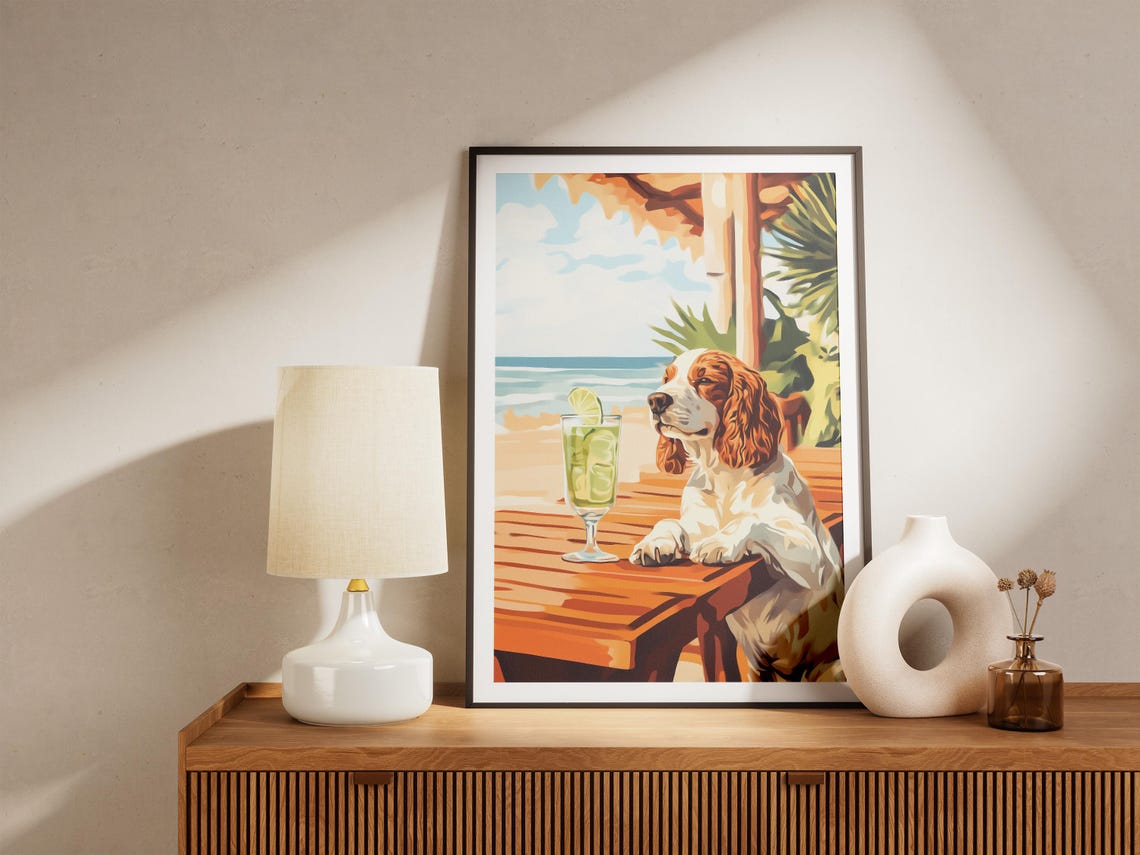 Springer Spaniel Dog Enjoying Green Cocktail At Beach Bar Poster - Image 5
