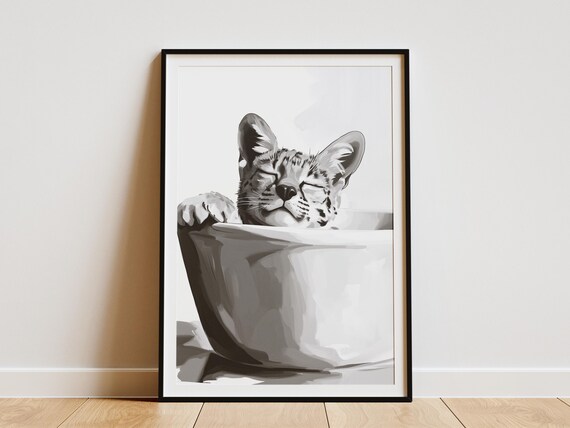 Sleepy Serval Cat Bubble Bath Exotic Minimalist Feline Poster