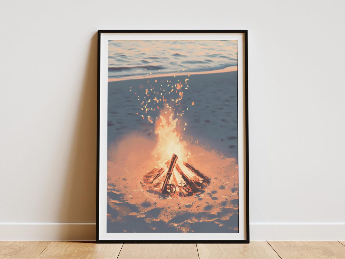 Beach Bonfire Glowing Warmly at Dusk by the Ocean Shore Poster