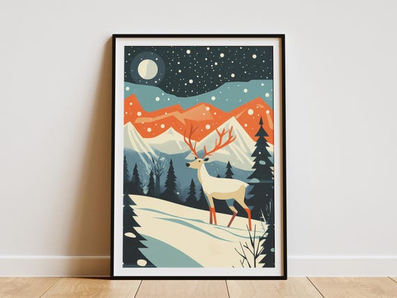 Siberian Tundra Christmas Reindeer Poster Vintage Festive Travel Print Holiday Decor Winter Animal Art Geometric Mountain Landscape Modern