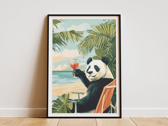 Elegant Panda Beach Poster Coastal Animal Art Print Summer Vacation Decor Tropical Illustration Funny Gift Relaxing