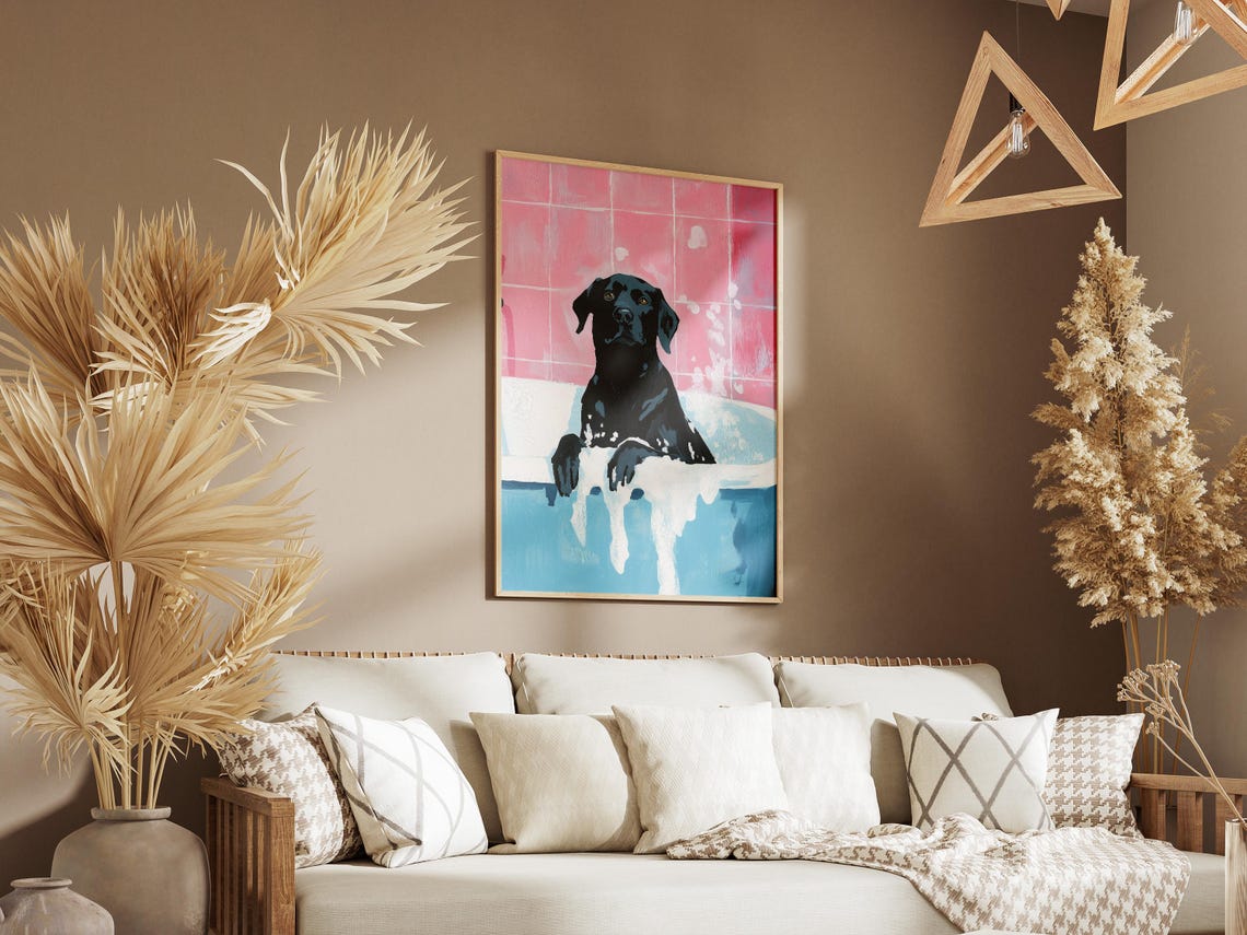 Black Labrador Retriever in Foamy Bathtub Pink Tile Cute Dog Poster - Image 3