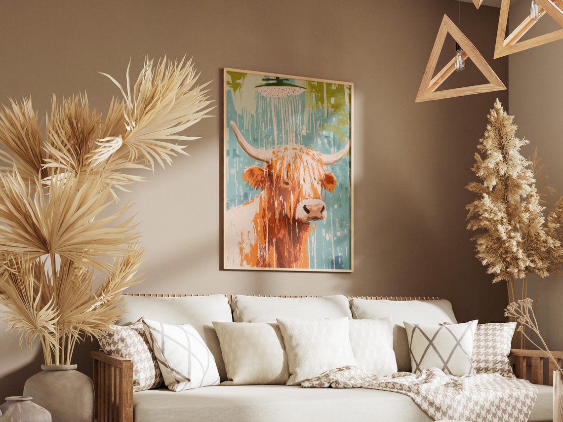 Shaggy Highland Cow Under Shower Head Teal Abstract Farm Poster - Image 3