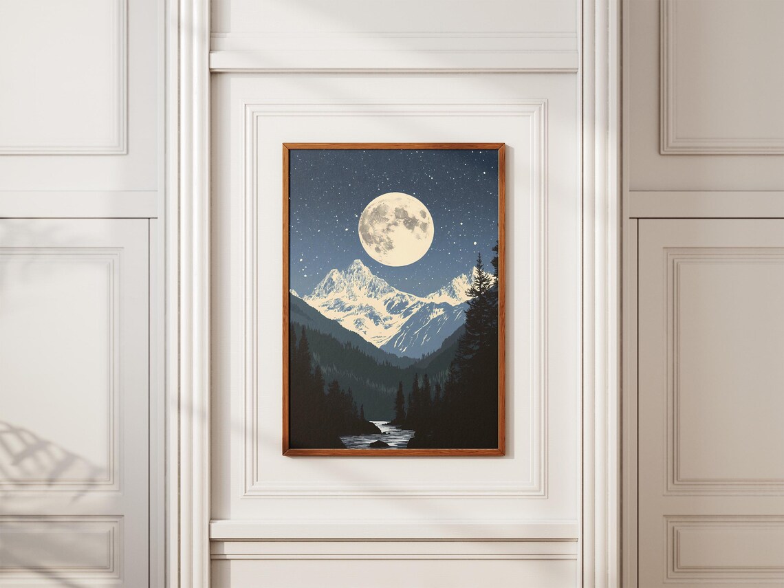 North Cascades National Park Moonlit Snow Peak Over a River Night Poster - Image 2