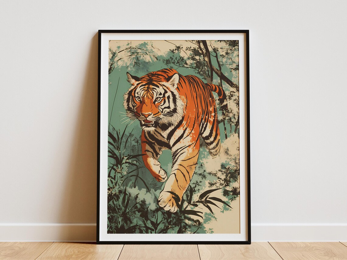 Leaping Tiger in Jungle Vintage Japanese Style Wildlife Poster