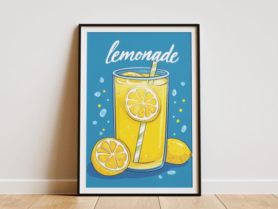 Lemonade Poster Summer Drink Poster Yellow Drink Print Bold Flat Illustration Glass Of Lemonade Summertime Poster Cute Lemonade Print
