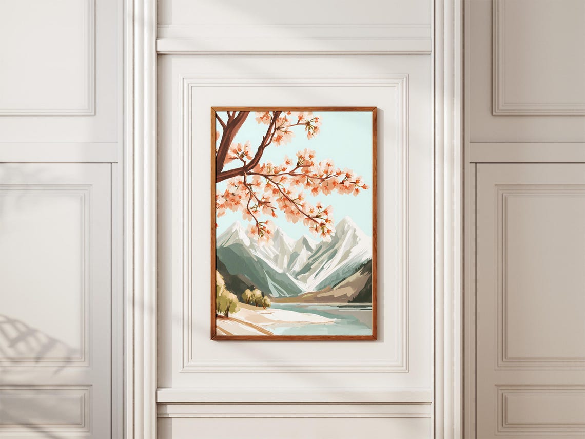Cherry Blossom Branch Over Snowy Mountain Lake Spring Art Poster - Image 2