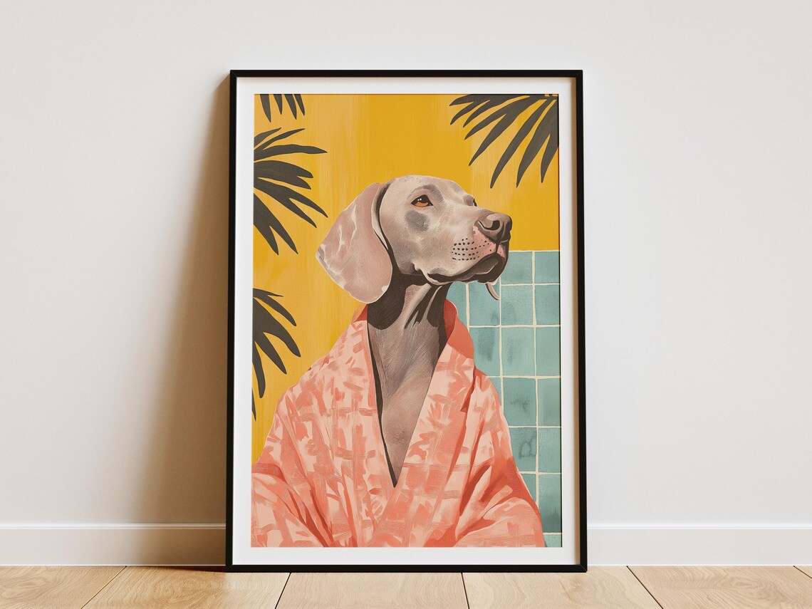 Weimaraner Dog in Coral Bathrobe Tropical Palm Bathroom Poster