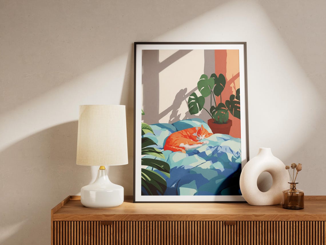 Sleeping Orange Cat Sunlit Bedroom Matisse Style Gouache Art Poster - Image 4