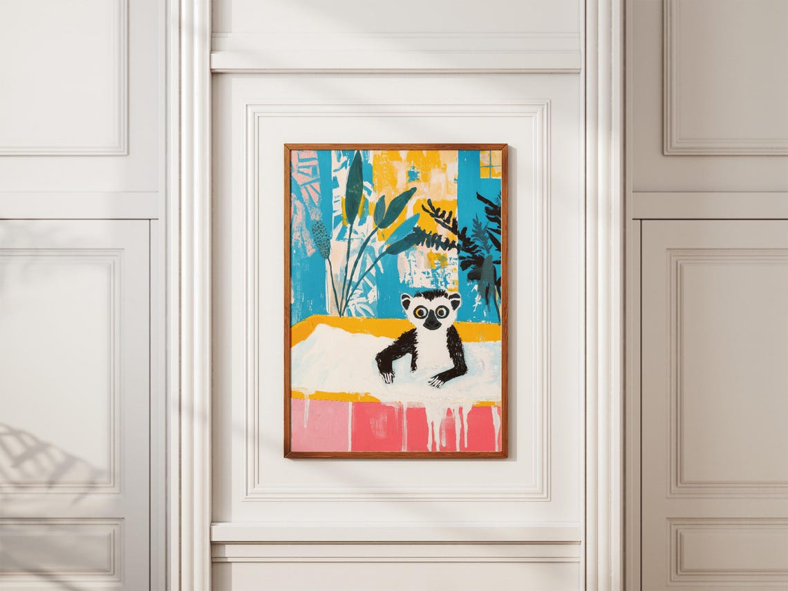 Ring Tailed Lemur In A Bathtub Colorful Modern Bathroom Poster - Image 2