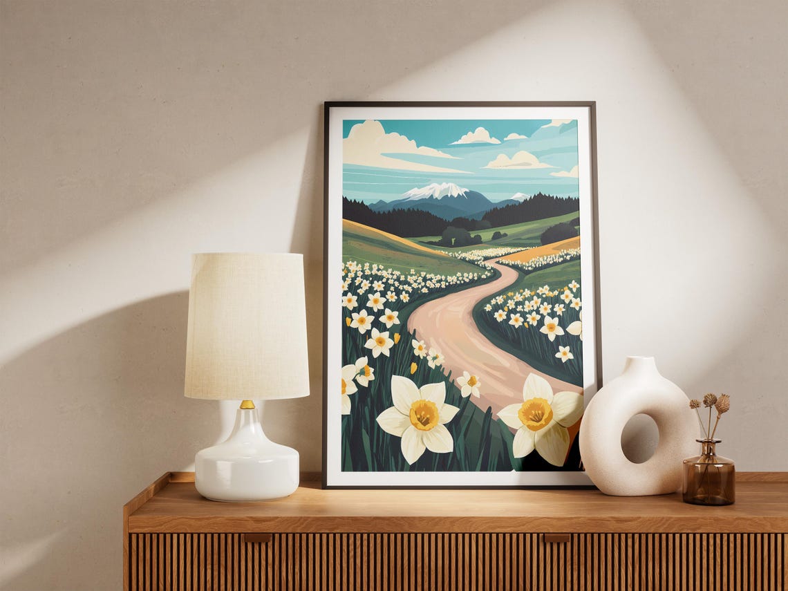 Countryside Road Through White Daffodil Fields Poster Snowy Mountain - Image 5