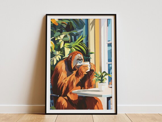 Orangutan Coffee Poster Whimsical Animal Cafe Wall Decor Jungle Gift