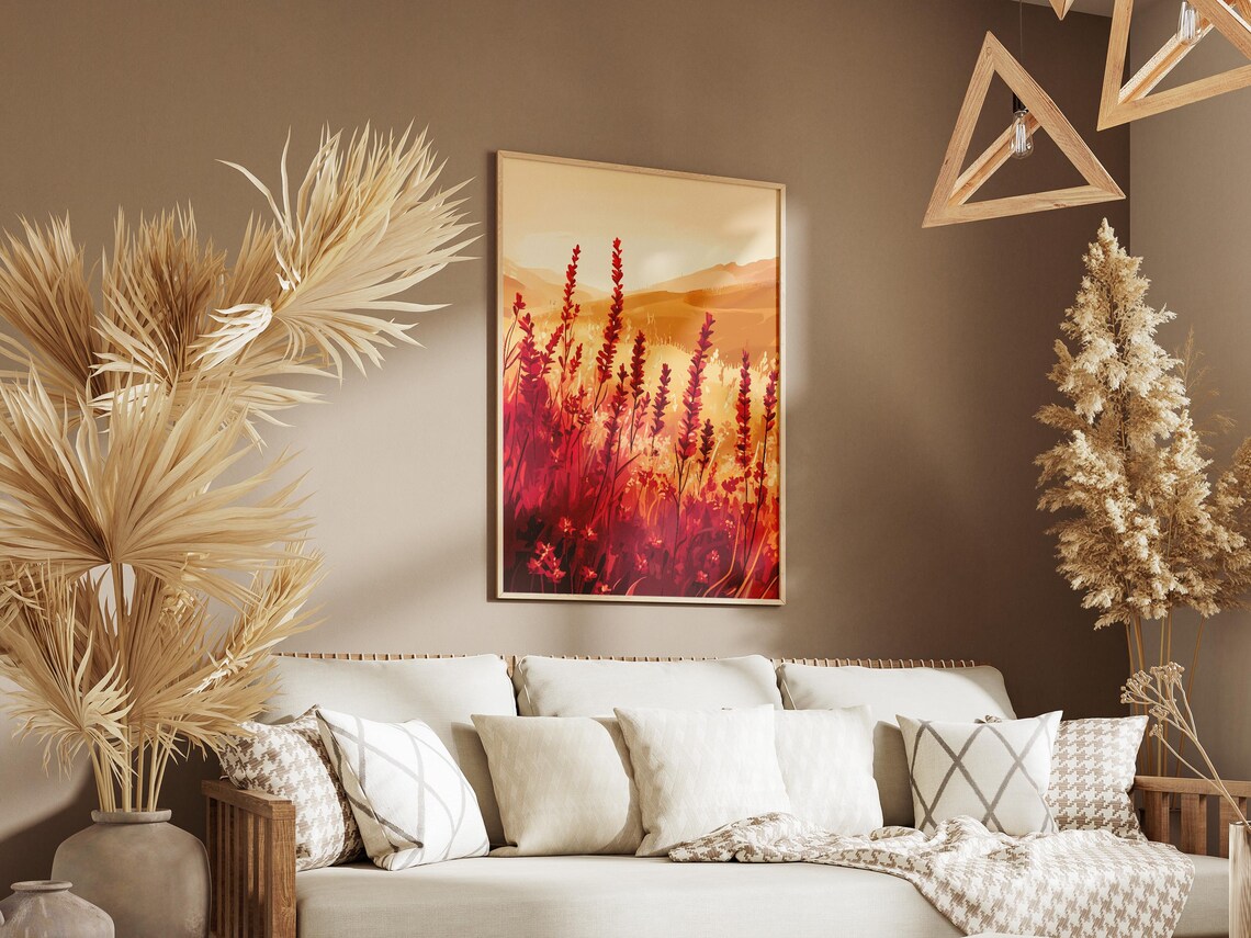 Scarlet Salvia Field Sunrise Red Meadow Golden Light Art Poster - Image 3