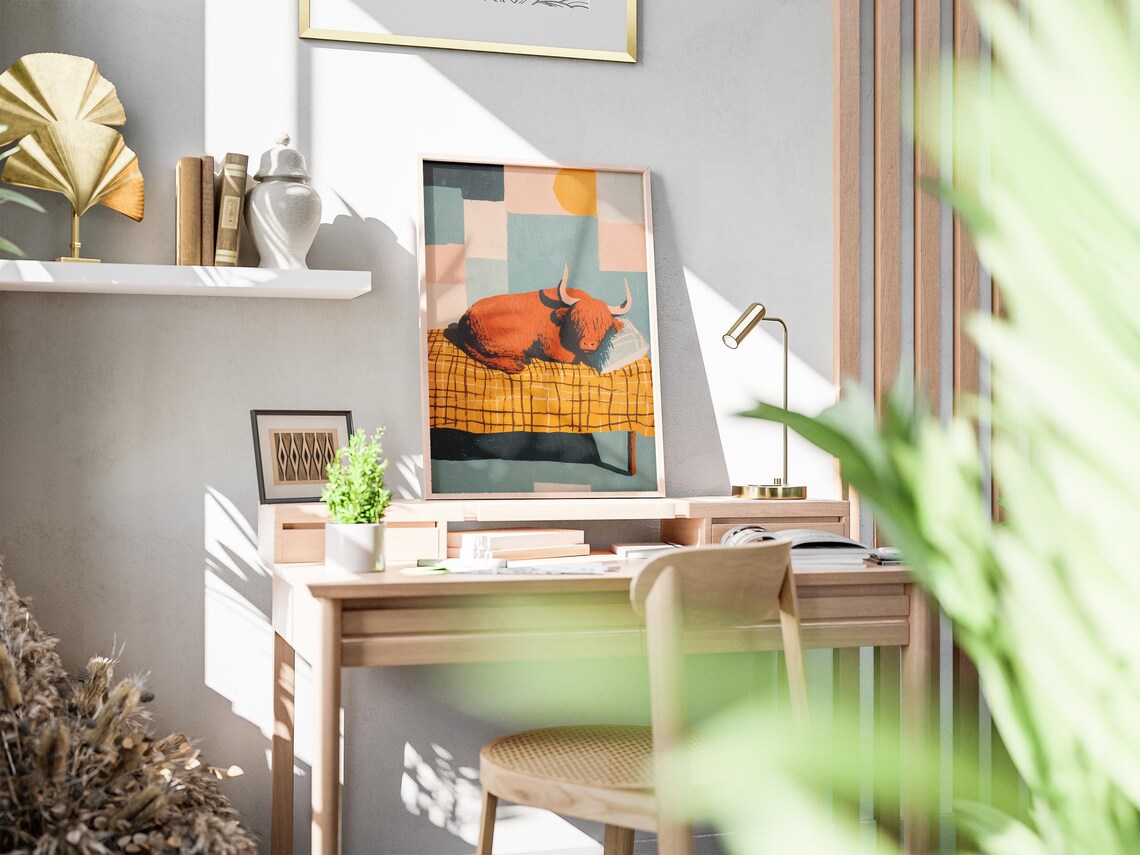 Highland Cow Resting on a Checkered Bed With Geometric Pastel Art Poster - Image 2