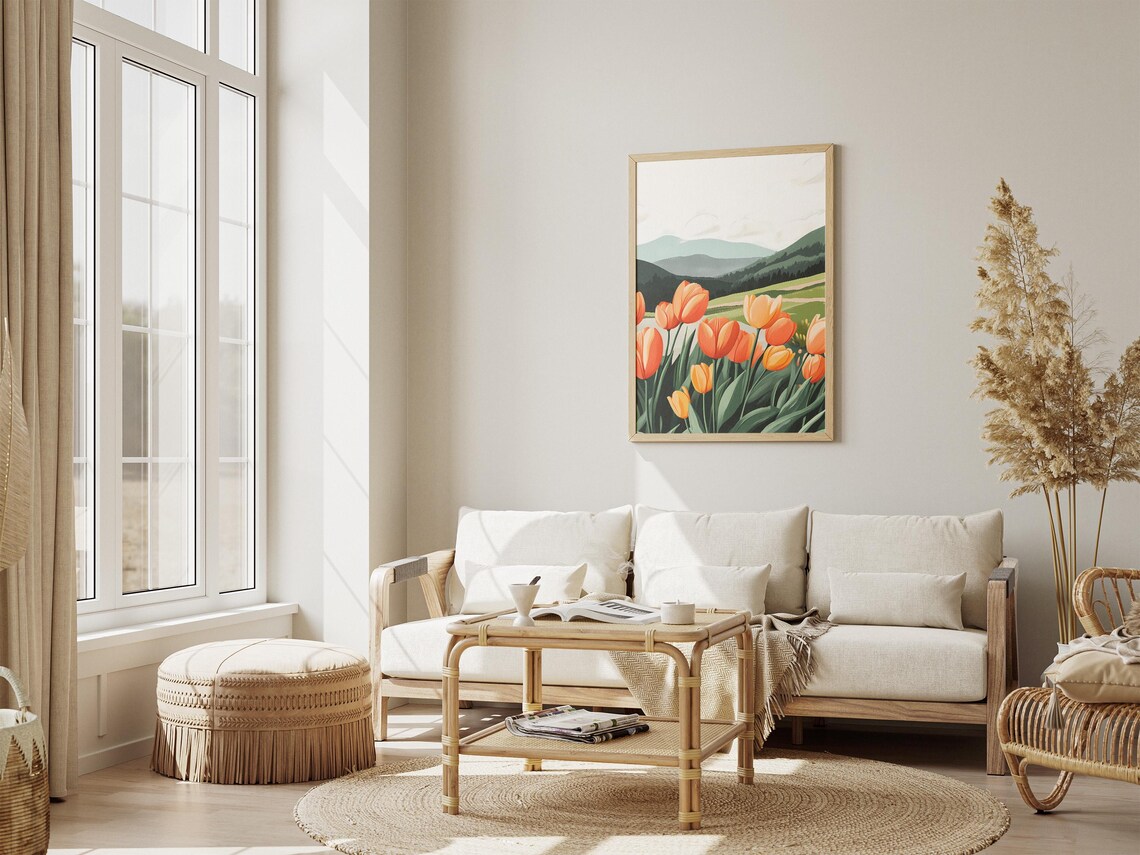 Bright Orange Tulips Blooming in a Green Mountain Valley Poster - Image 4