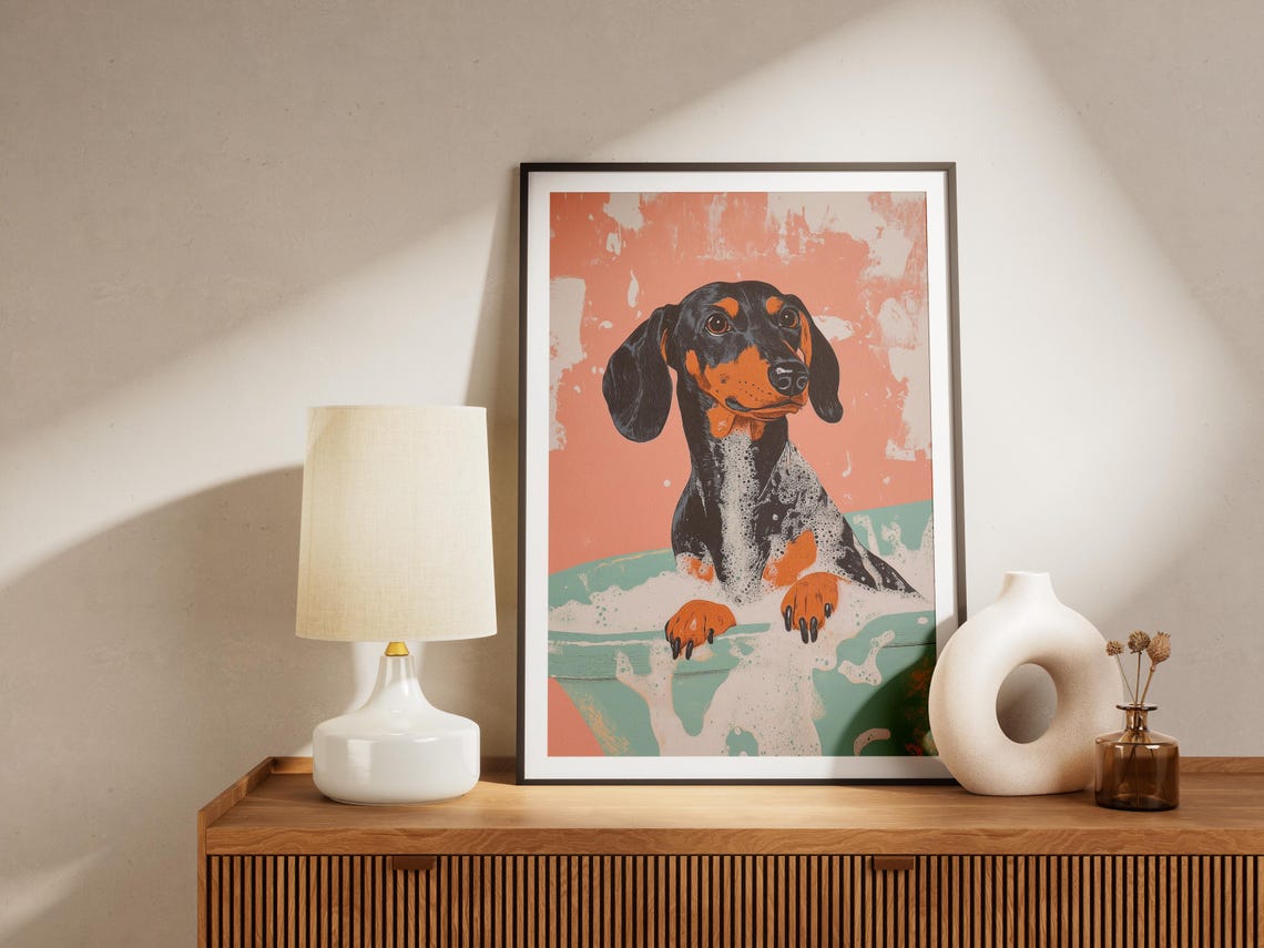 Dachshund Dog Bubble Bath Pop Art Coral Modern Bathroom Art Poster - Image 4