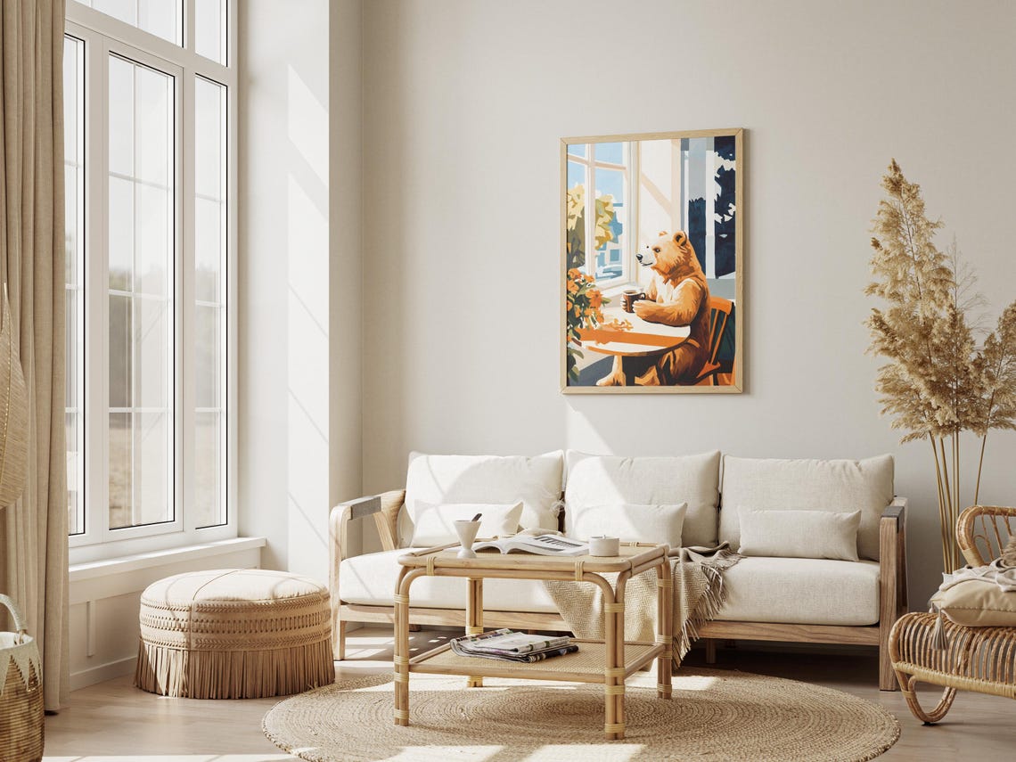 Friendly Bear Sipping Coffee by a Sunny Window with Marigolds Poster - Image 3