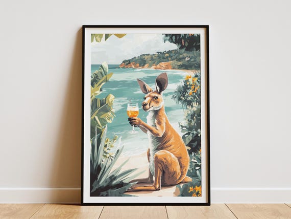 Kangaroo At The Beach Poster Coastal Animal Art Print Summer Vacation Tropical Decorfunny Animalcute Kangarooaustralian