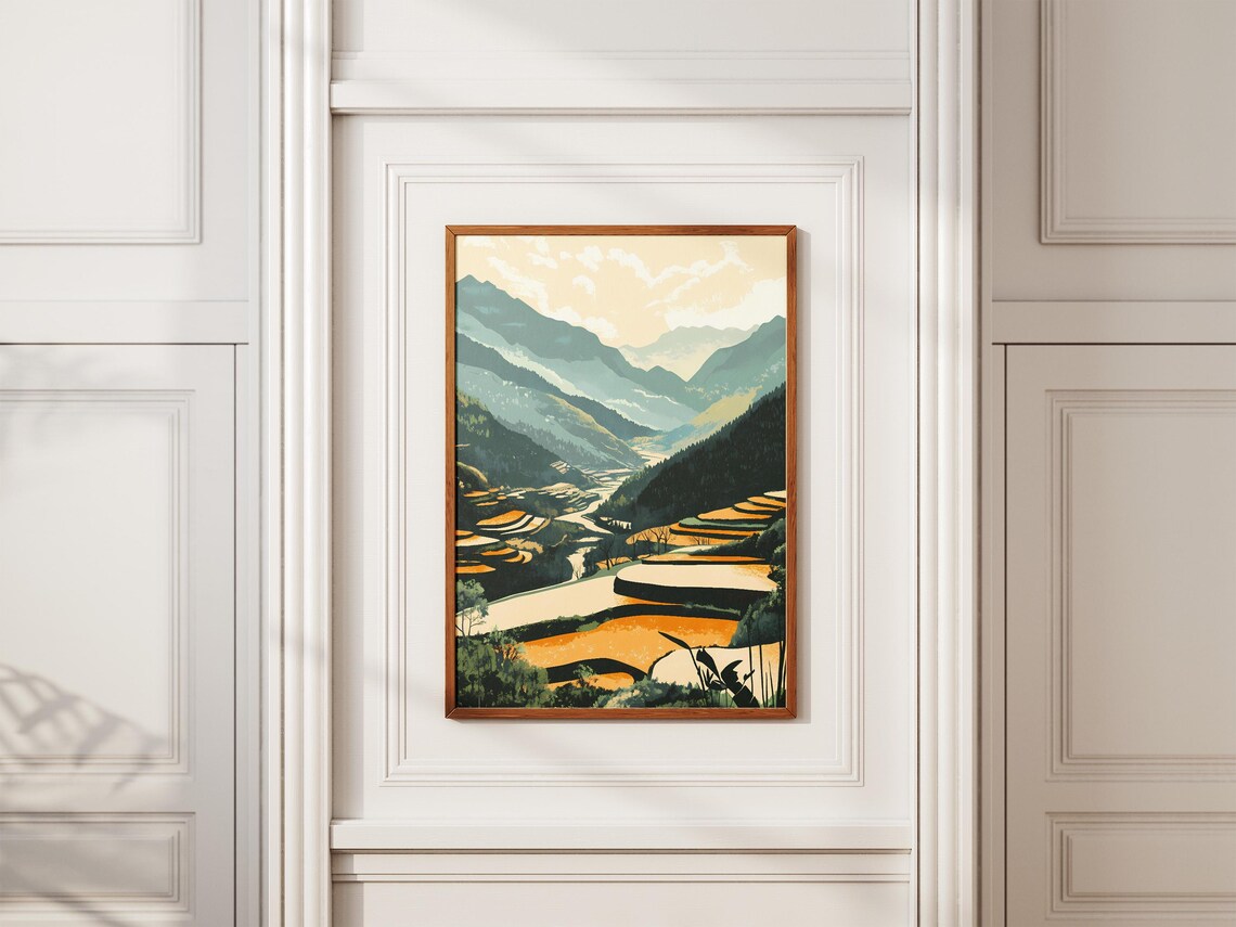 Huanglong Valley Golden Rice Terraces China Mountain Landscape Poster - Image 2
