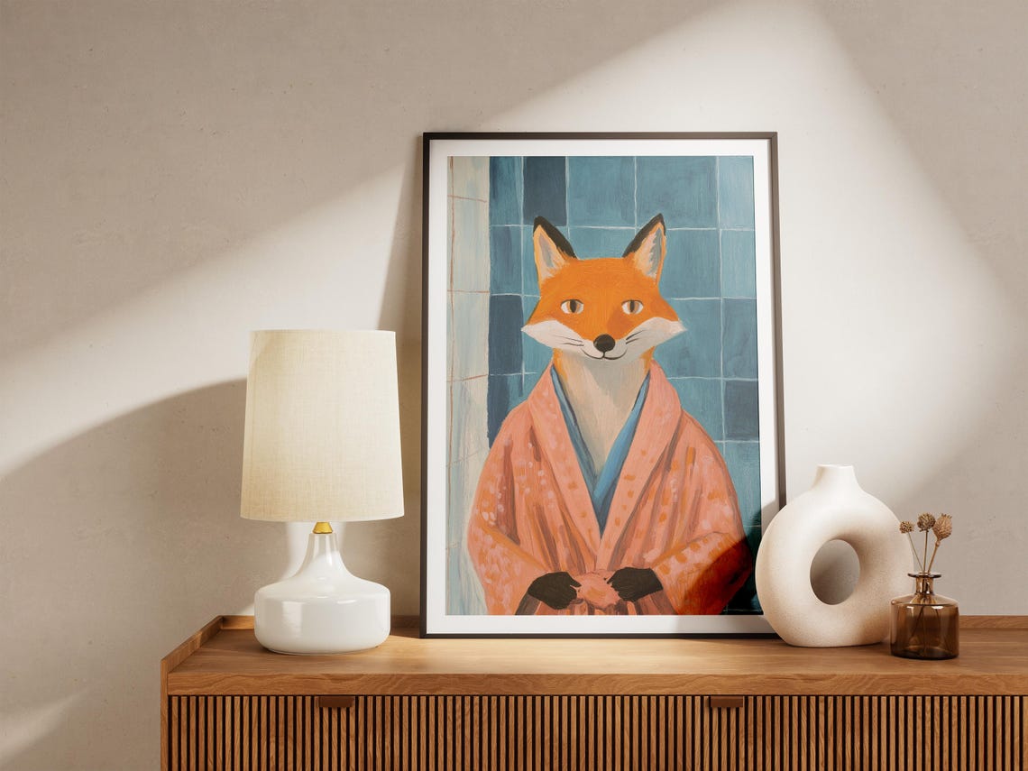 Orange Fox In Bathrobe Against Blue Tiles Modern Animal Poster - Image 5