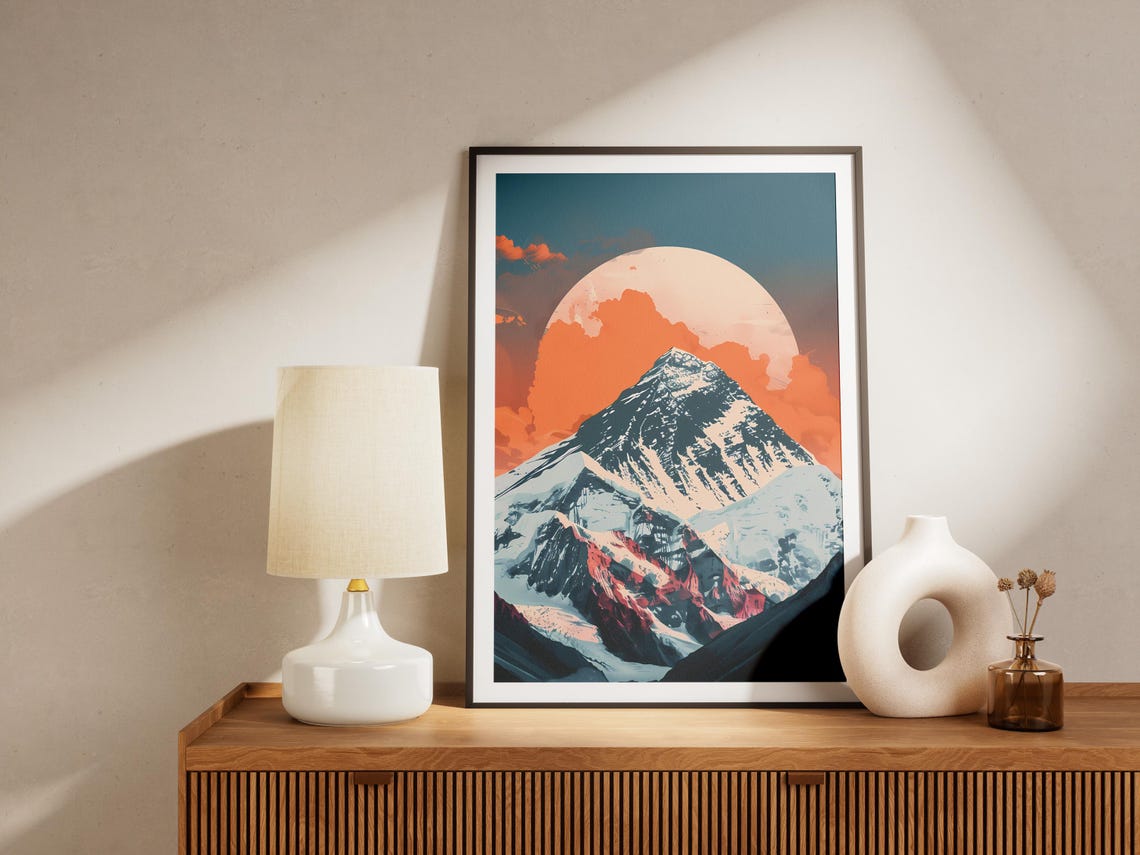 Mount Everest Full Moon Snowy Orange Clouds Mountain Peak Poster - Image 2