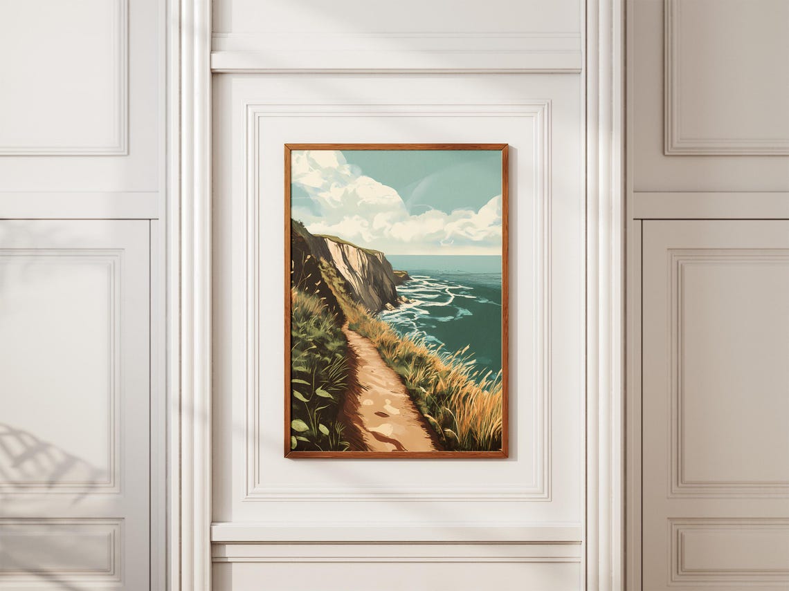 Grassy Cliffside Hiking Trail Overlooking a Turquoise Sea Poster - Image 2
