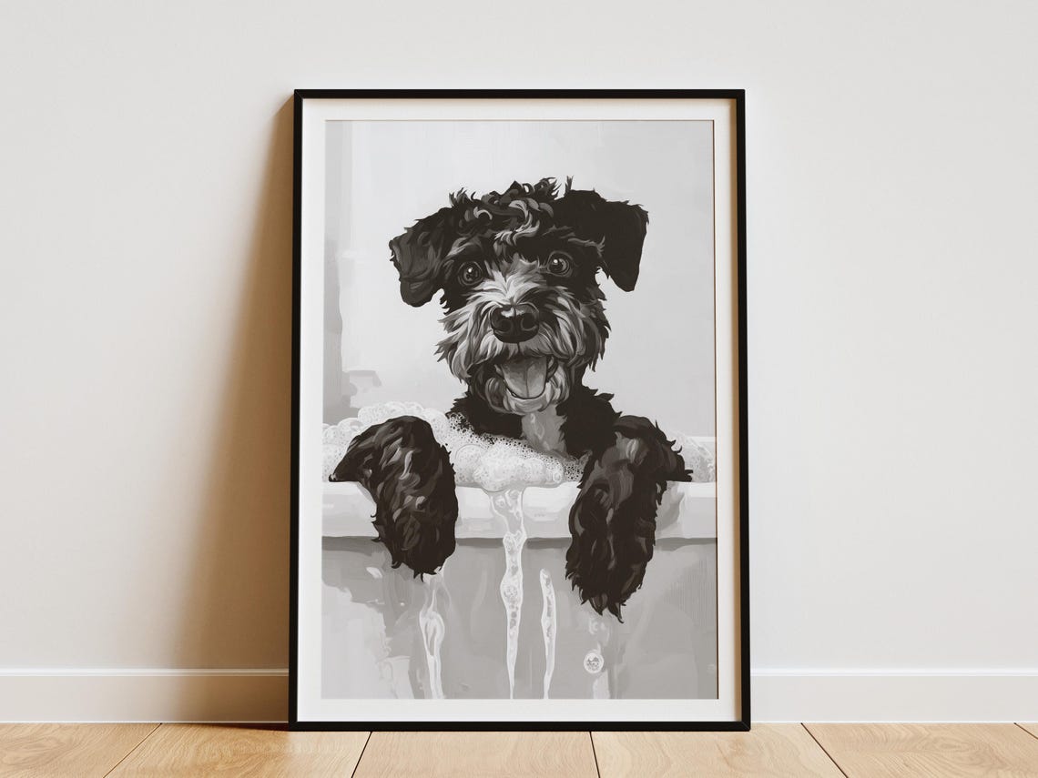 Scruffy Black Terrier In A Bubble Bath Black And White Poster