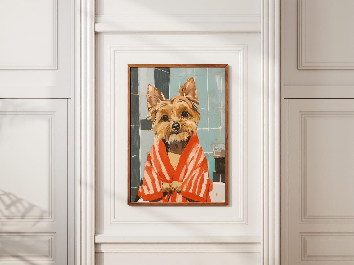 Yorkshire Terrier in Bright Red Robe Bold Painterly Dog Art Poster - Image 2