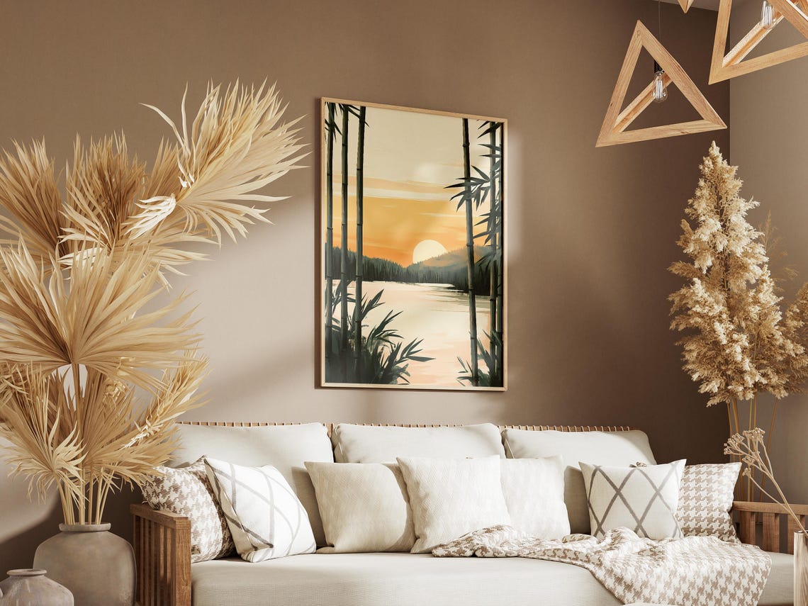 Bamboo Forest Sunrise Glowing Over a Still Golden Lake Poster - Image 3