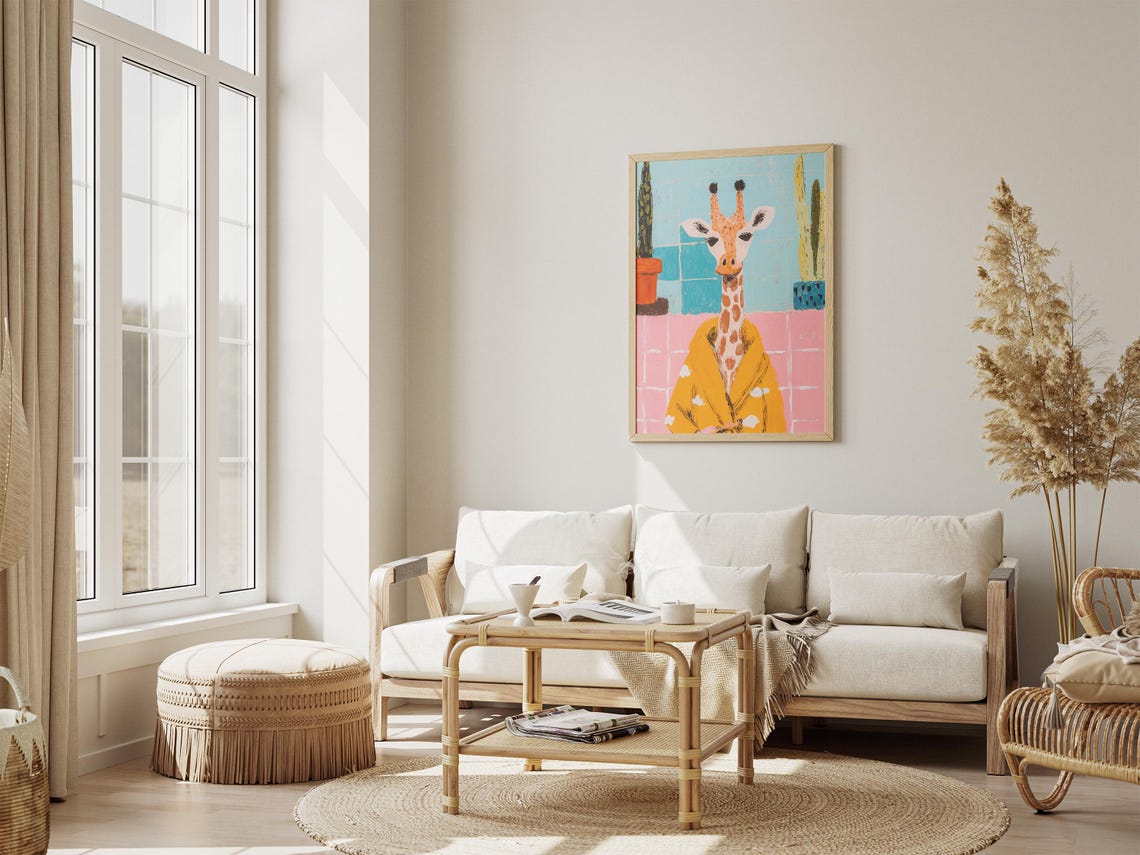 Sunny Giraffe In Yellow Polka Dot Bathrobe With Cacti Poster - Image 4