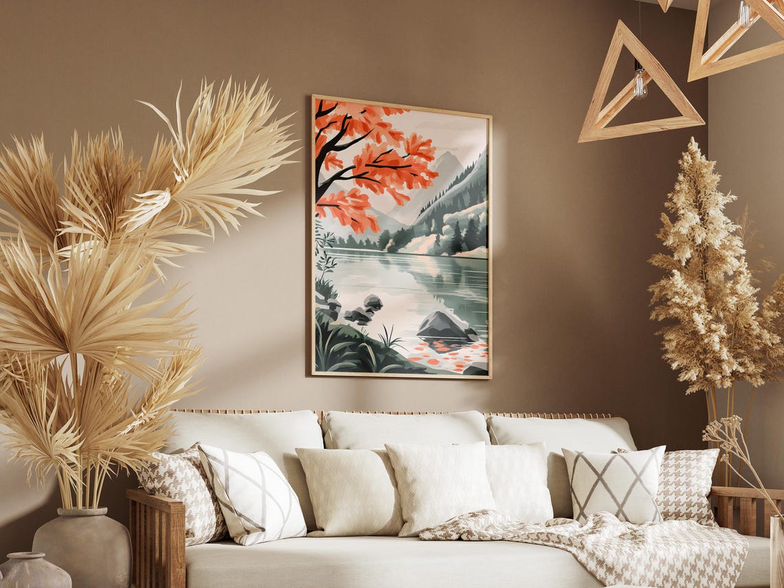 Delicate Coral Autumn Branch Over A Misty Mountain Lake Poster - Image 3