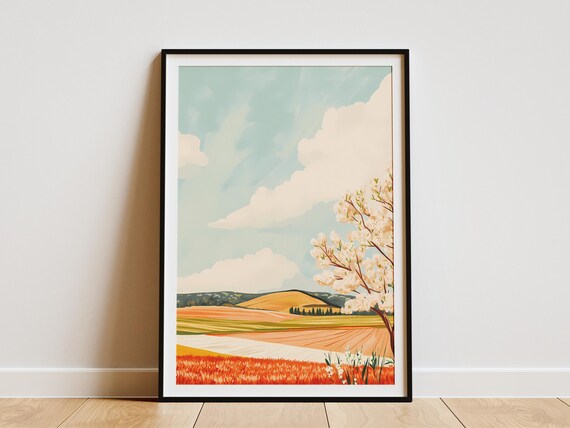 Spring Landscape Poster Blooming Tree Farm Field Countryside Wall Art Modern Farmhouse Decor Nature Print Orange And Green Tones Pastoral